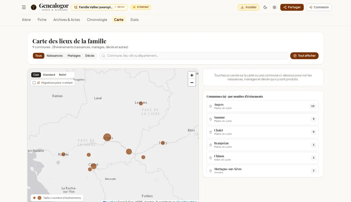Carte des lieux de la famille : neuf communes de l'ouest de la France, Angers étant la plus représentée avec douze événements.