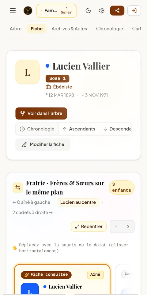Fiche individuelle sur téléphone avec ses boutons d'action et la fratrie.